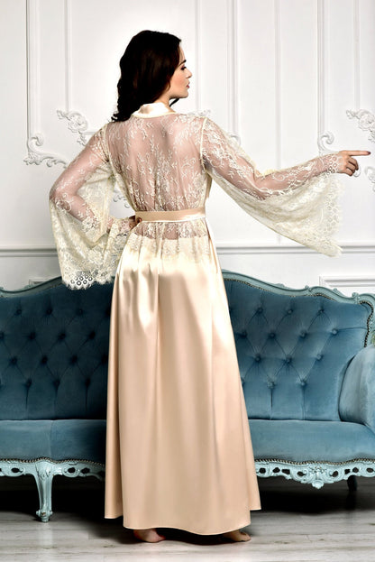 Bridal Long Robe with Lace Back & Sleeves