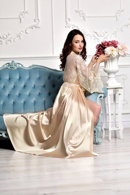 Bridal Long Peignoir Robe with Lace Back & Sleeves
