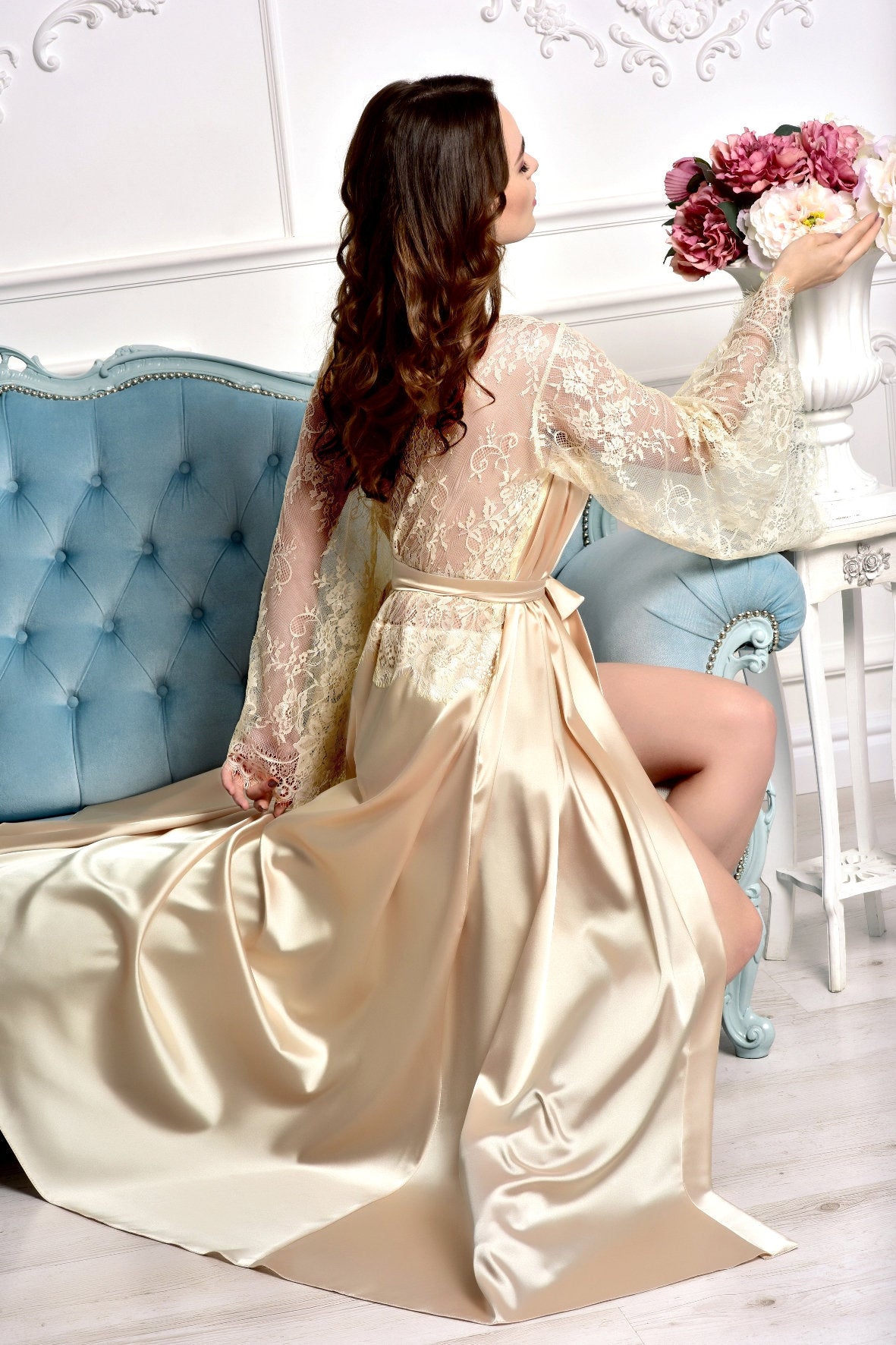 Bridal Long Lingerie Robe with Lace Back & Sleeves
