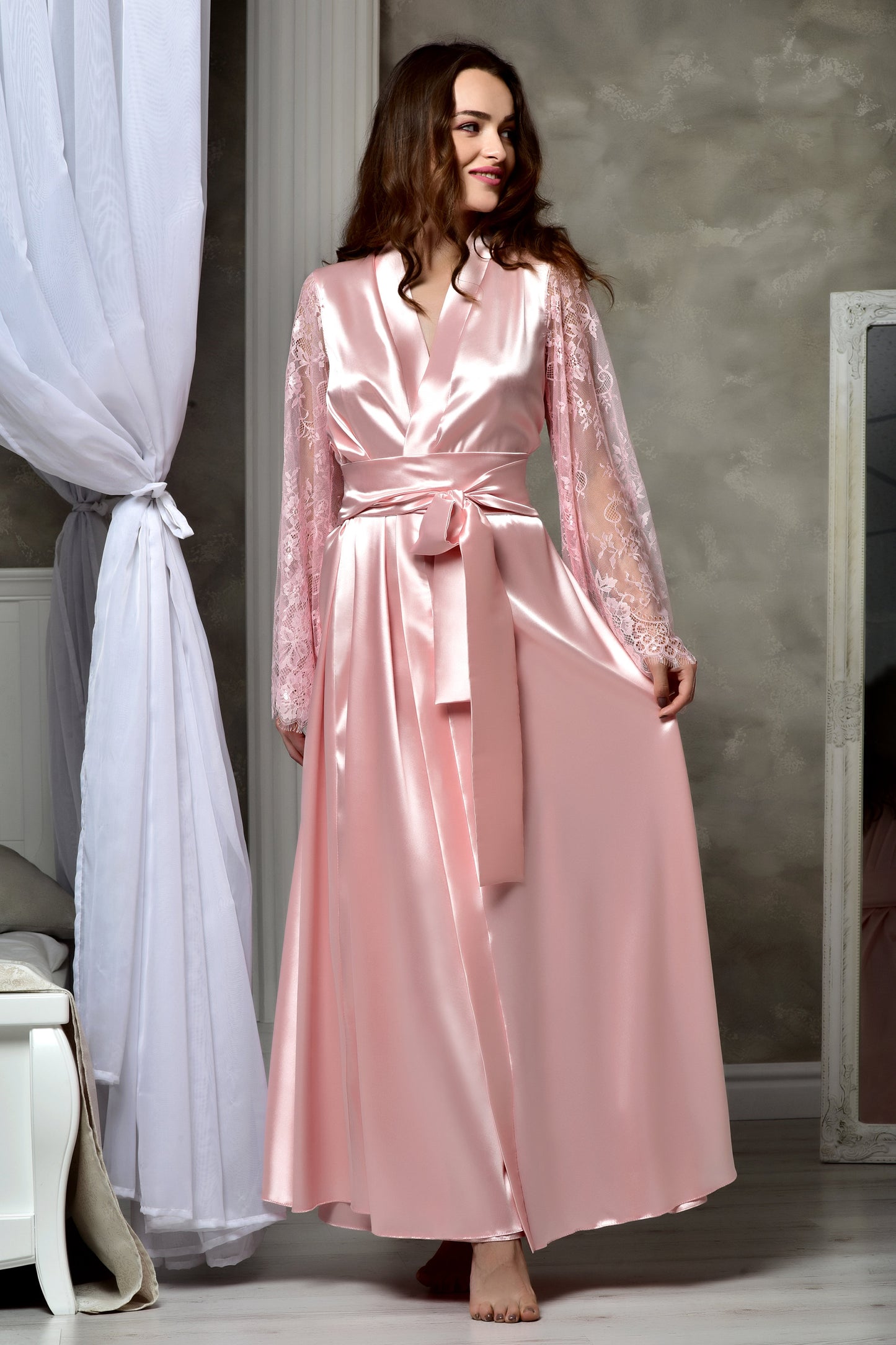 Elegant bridal preparation with our Blush Pink Lace Sleeve Robe