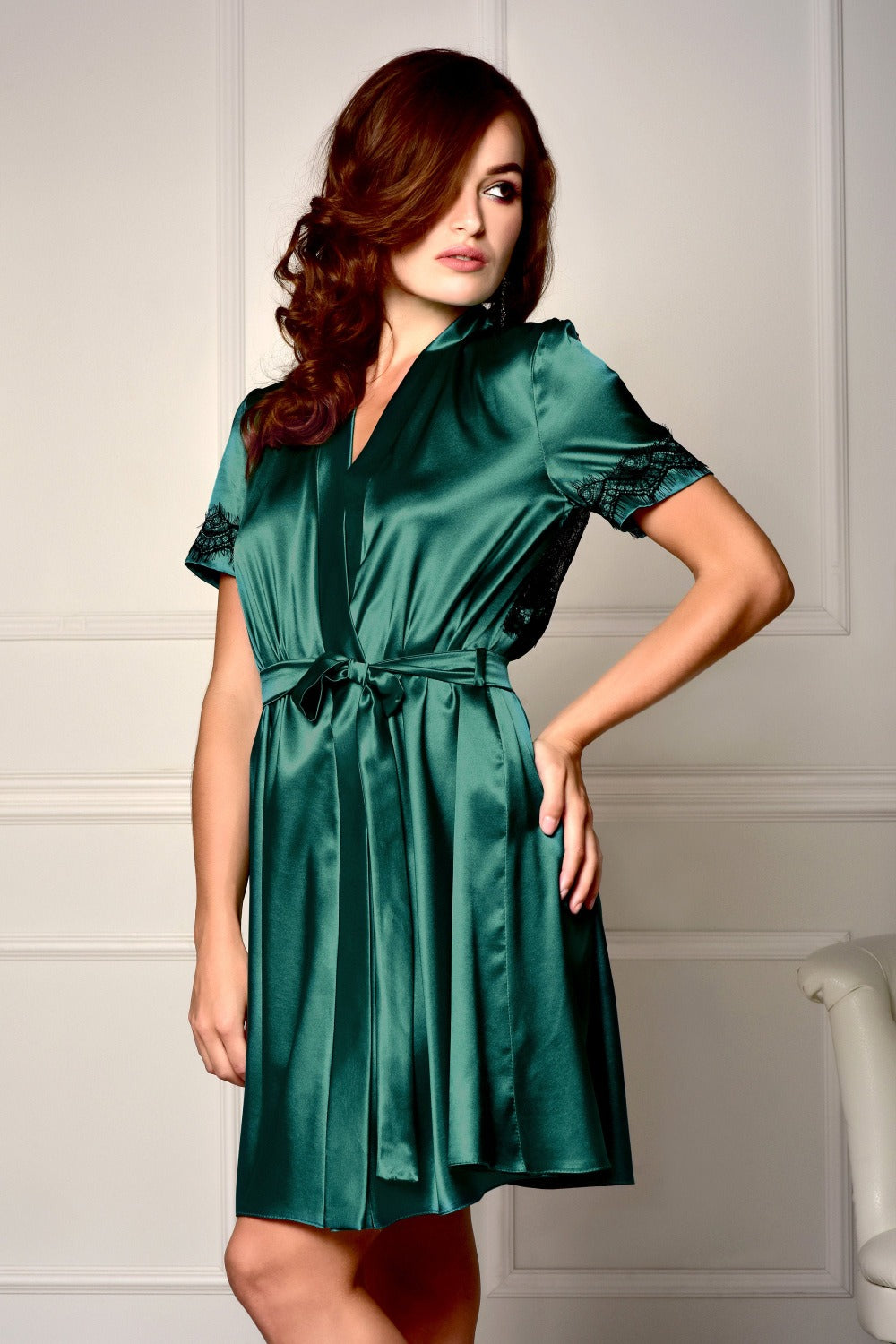 Short Dark Green Satin Robe with Lace Back - Front View