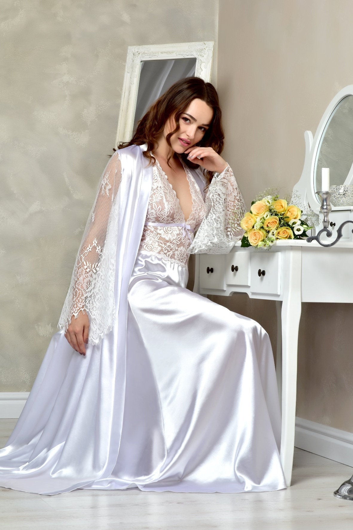Seductive Bridal Peignoir Set in White: Nightgown and Robe – Marrysol