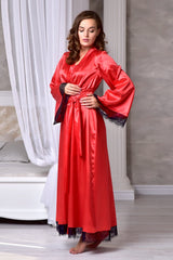 Red Bridal Maxi Robe with Black Lace-trim – Front View