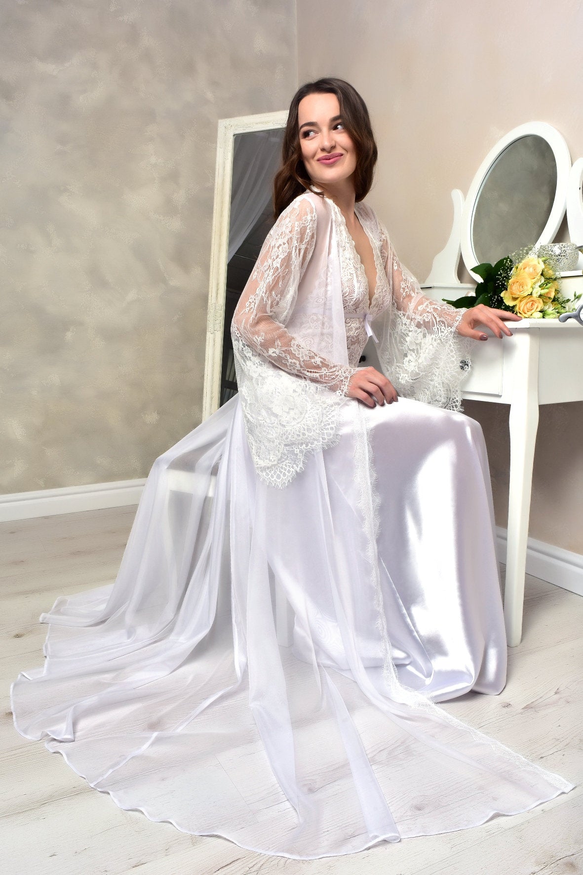 Bridal Lingerie Set with Chiffon Cape