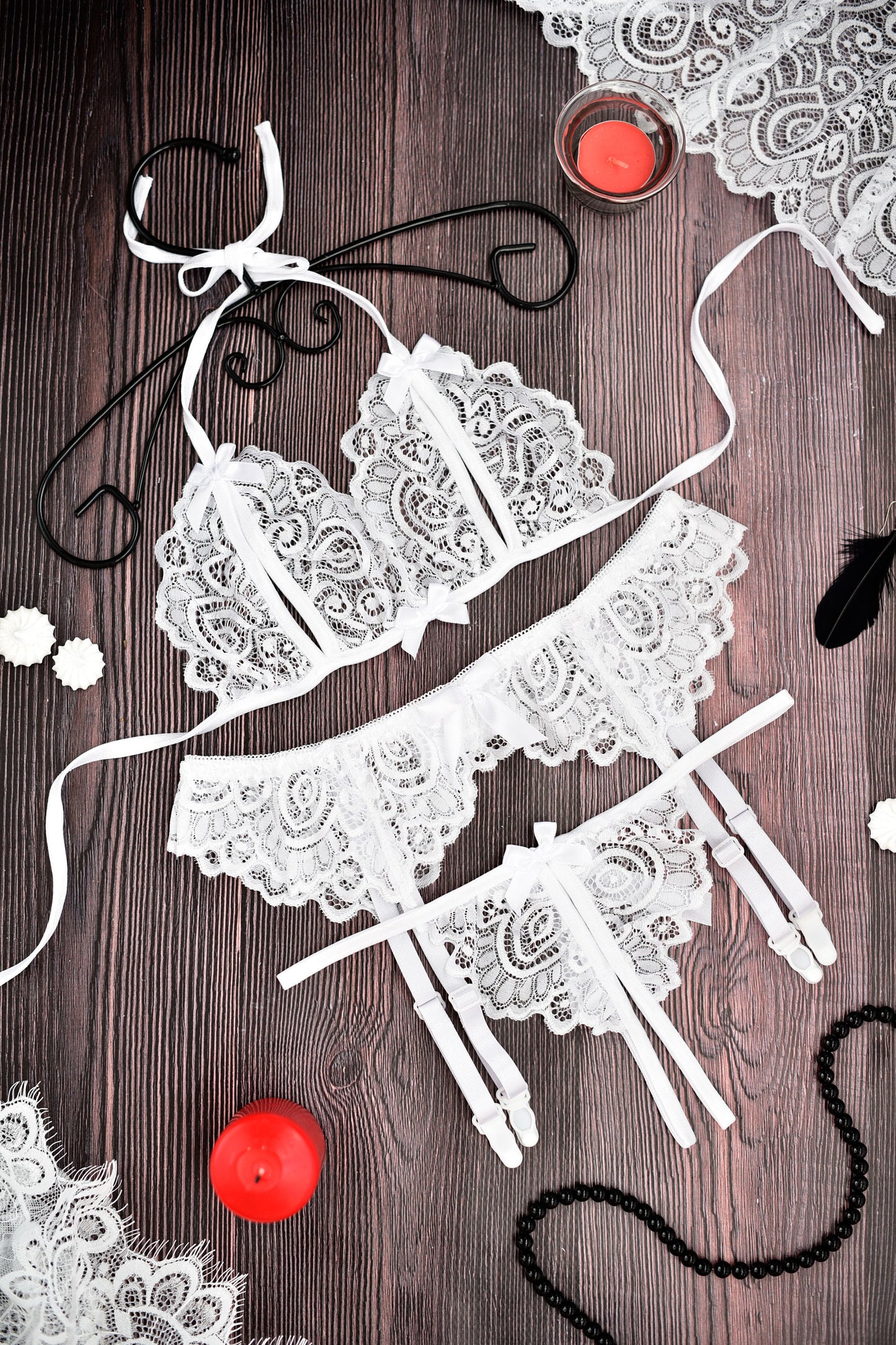 White Bridal Lingerie: Lace Bra, Garter Belt, Crotchless Panty Set - Honeymoon