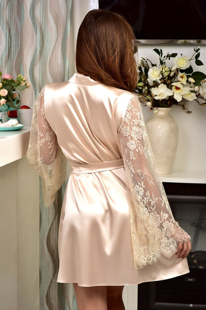 Satin Bride Robe with Lace Sleeves in Beige