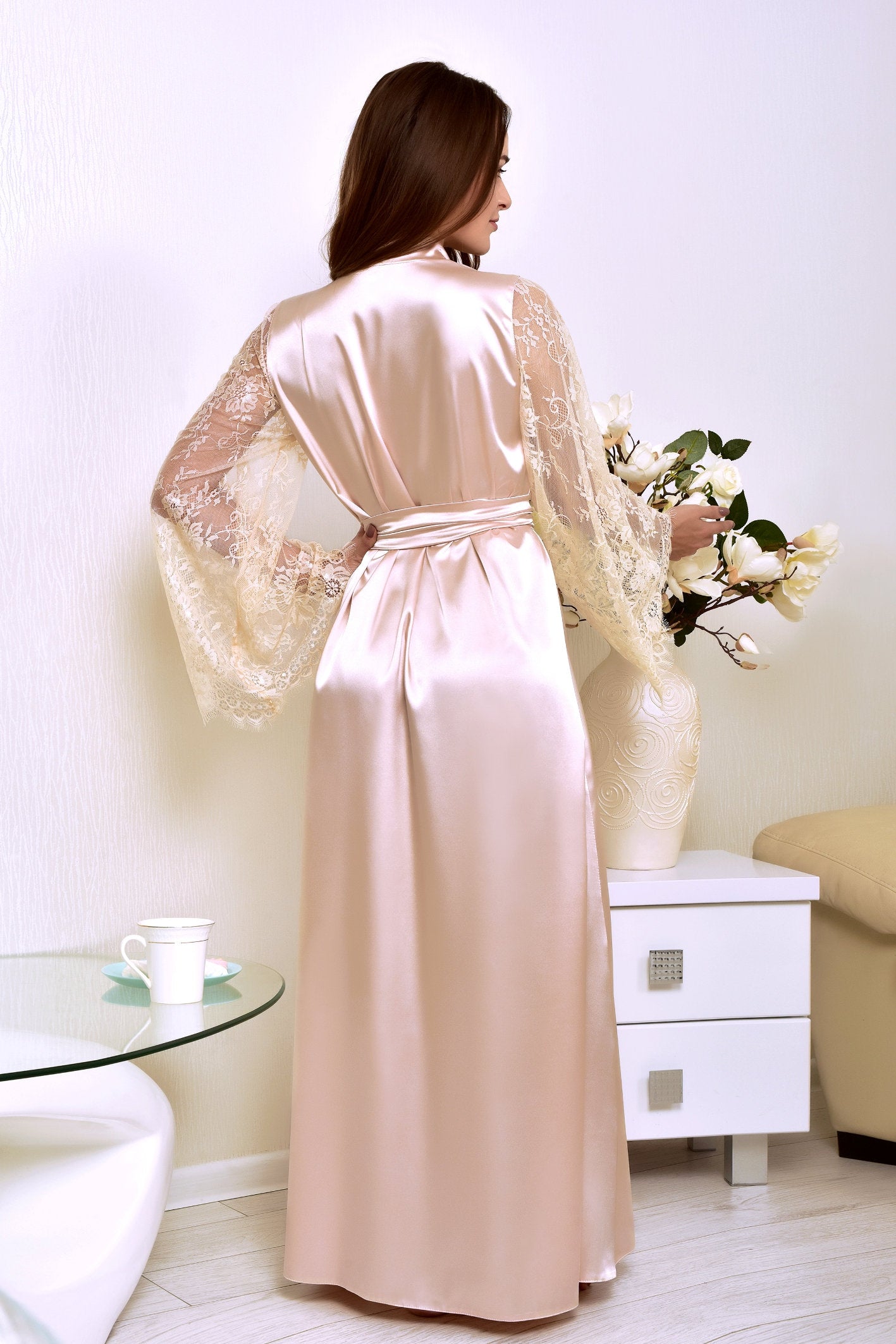 Bridal Long Lace Sleeve Robe in Beige - Back View