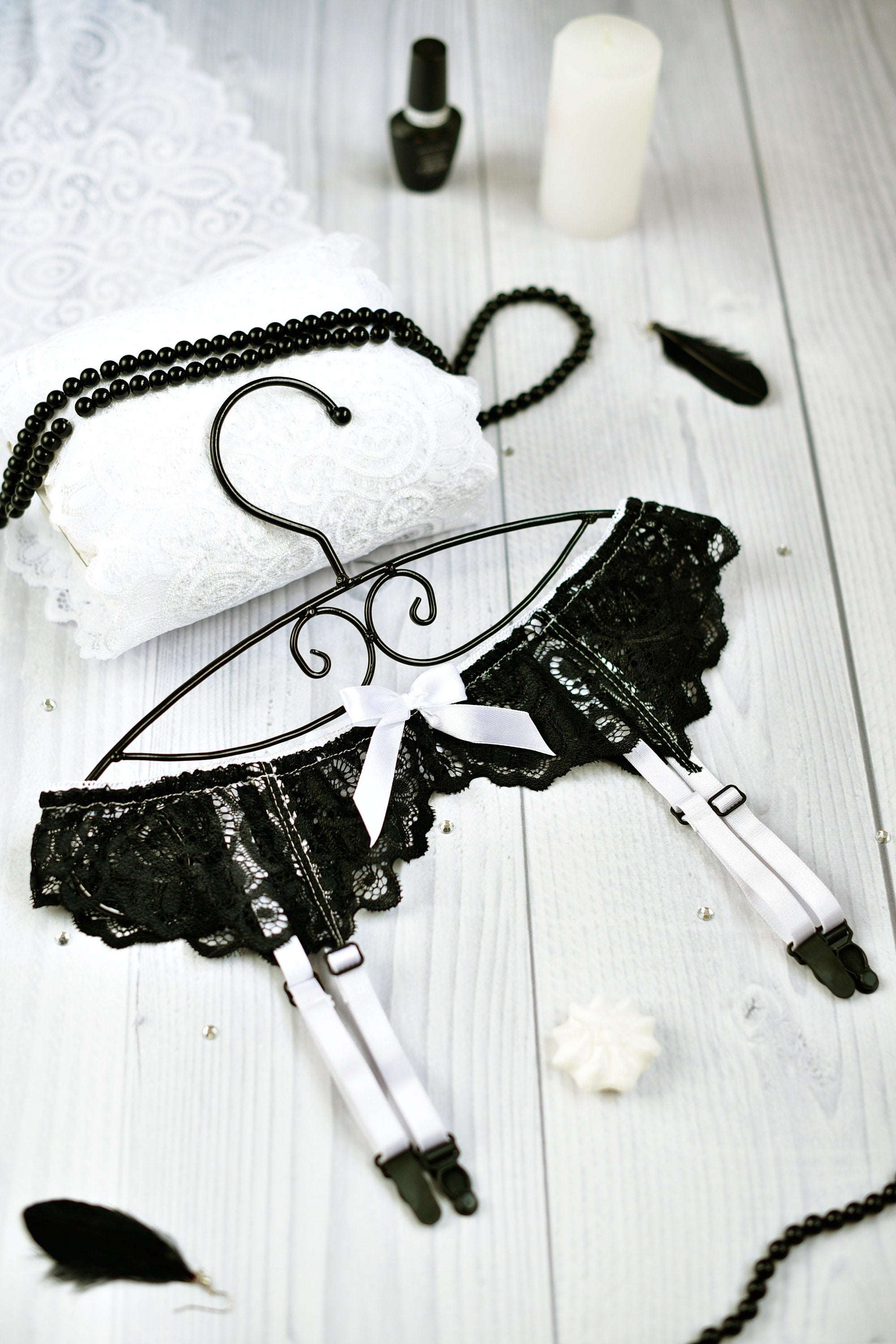 Black with White Bridal Garter Belt