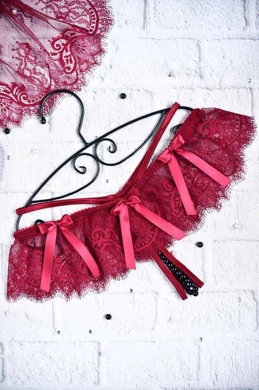Lingerie Gift Idea - Bordeaux Lace Crotchless Thong Panties