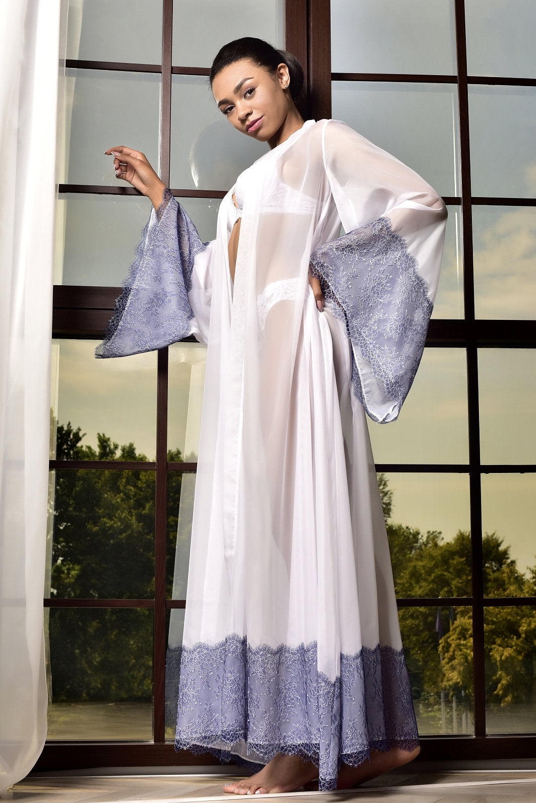 White Bridal Chiffon Kimono Robe with Blue Lace-Trim - Front View