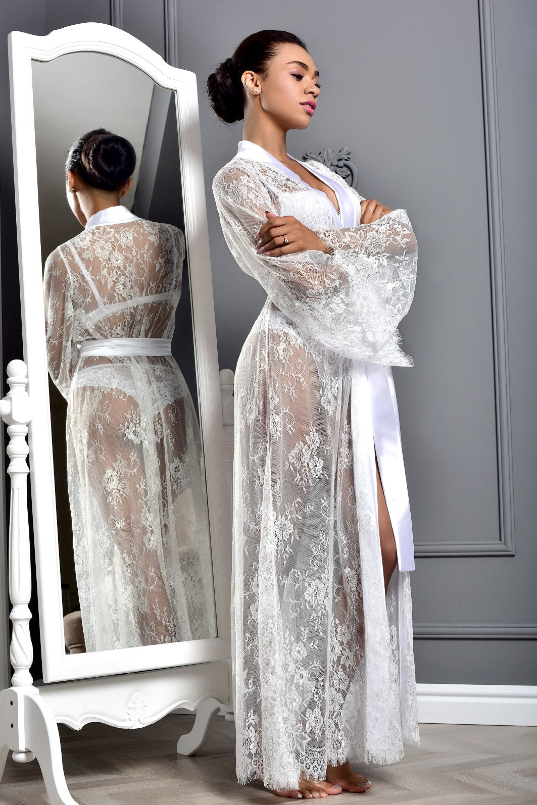 White lace bridal boudoir robe