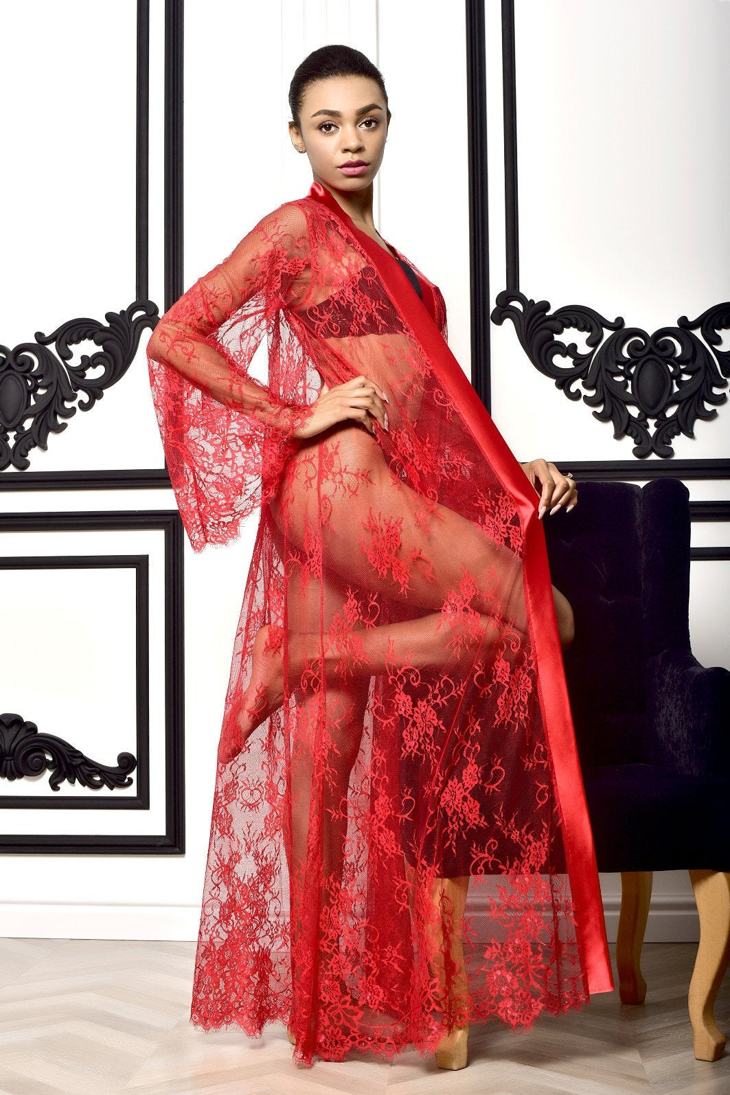 Red Sensual Chantilly Lace Boudoir Robe - Front View