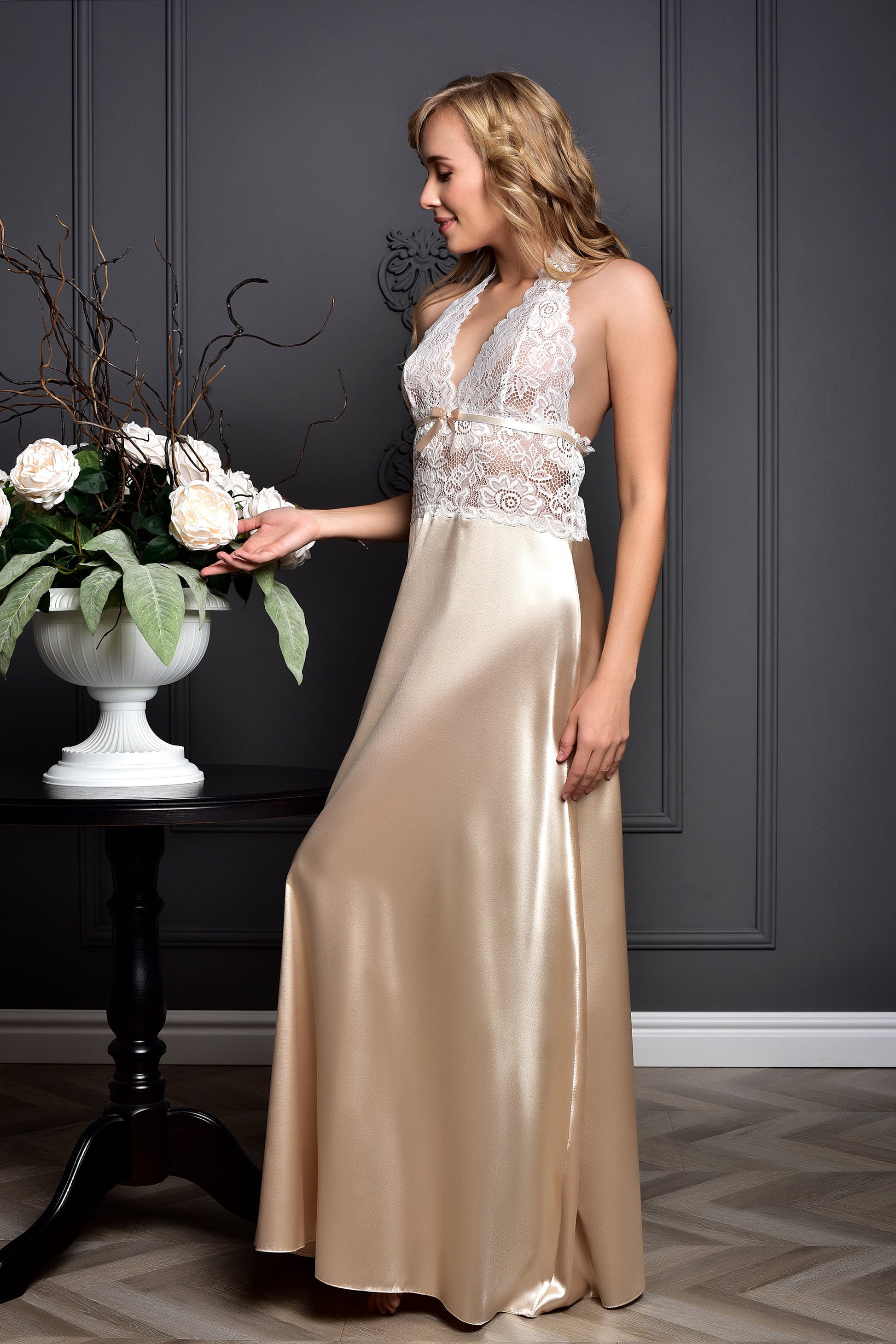 Beige Satin Backless Nightgown