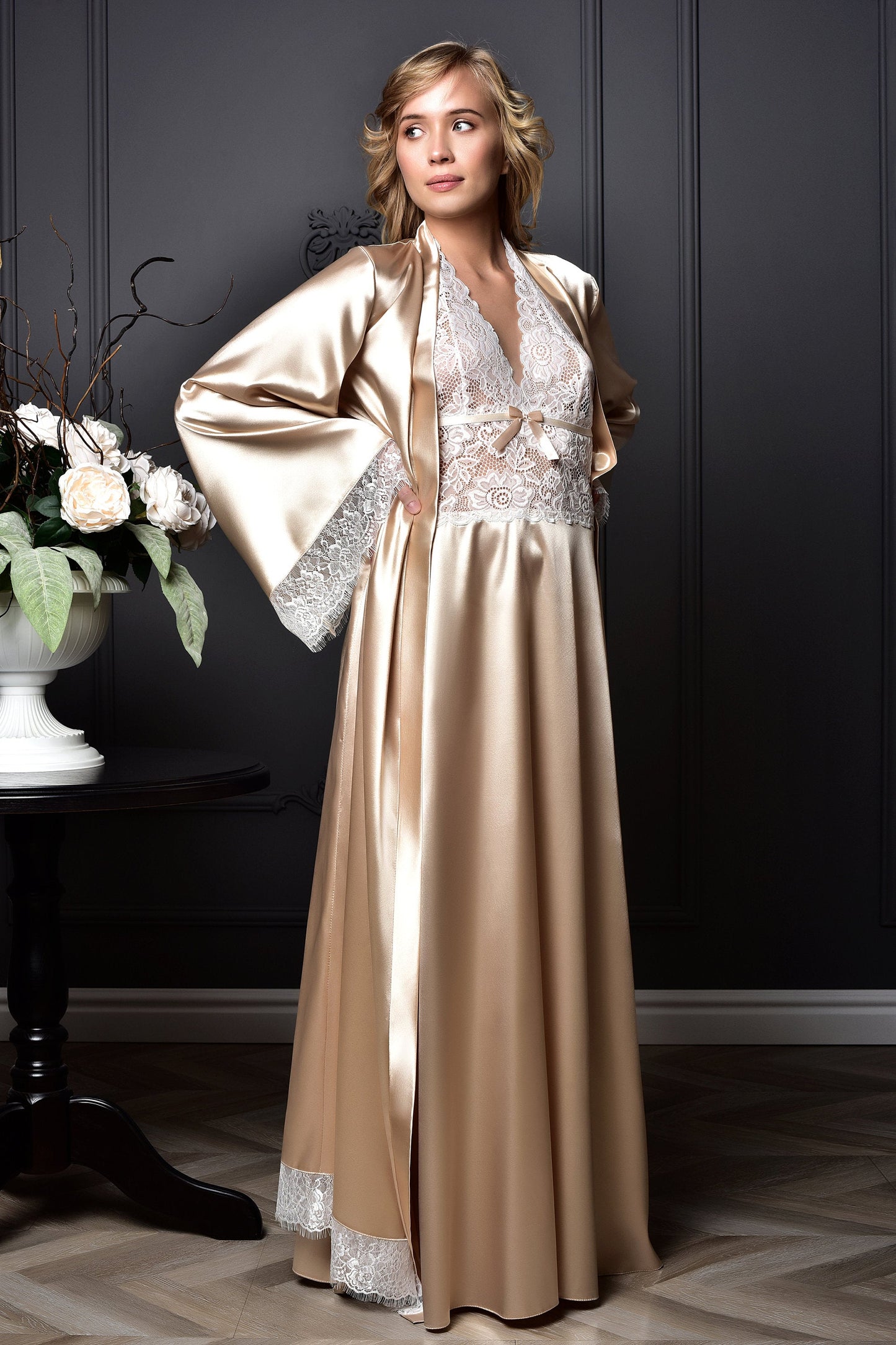 Matching Nightgown Included with Beige Bridal Maxi Robe