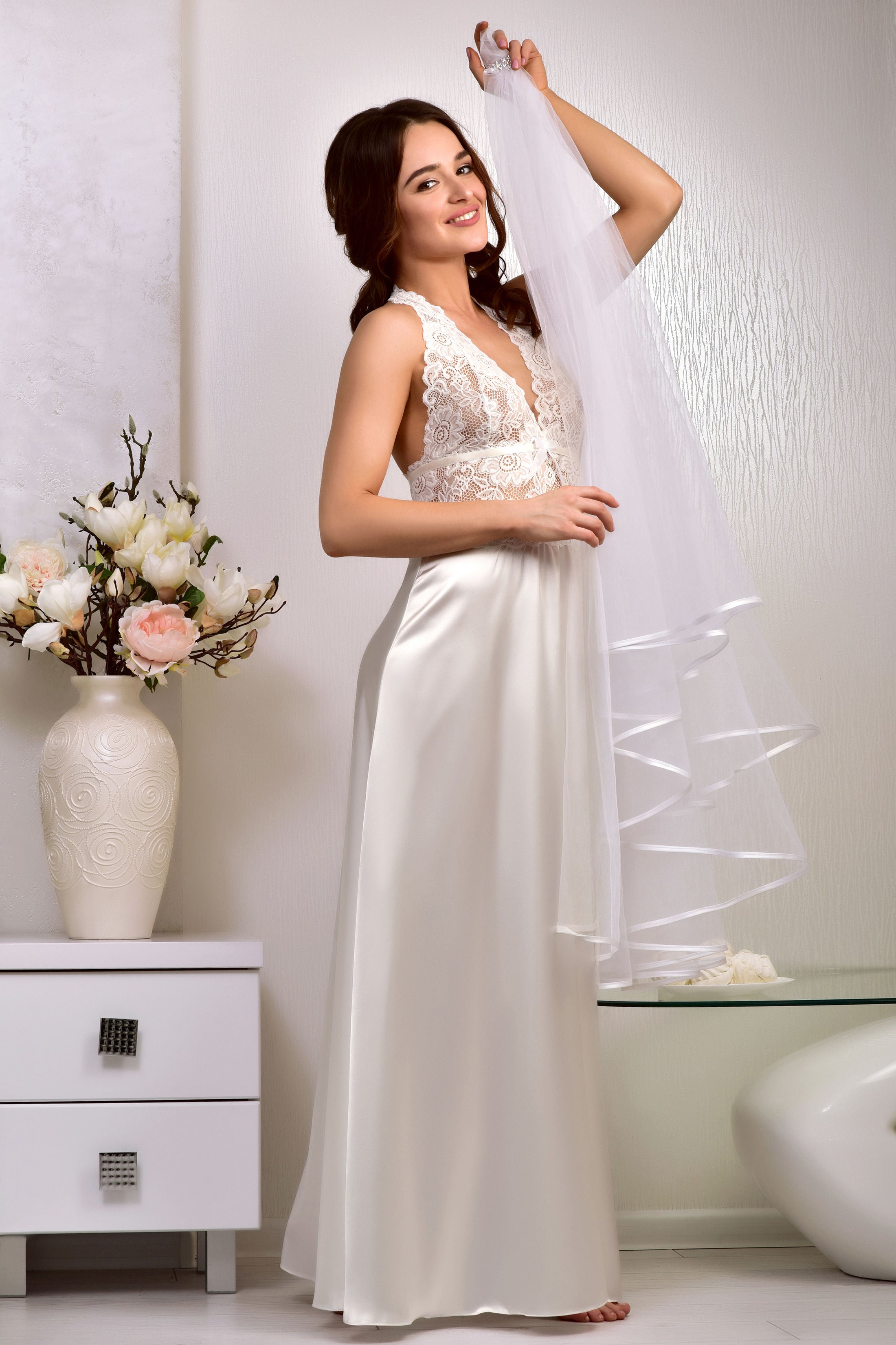 Long Bridal Slip in Ivory Satin with Lace Detailing