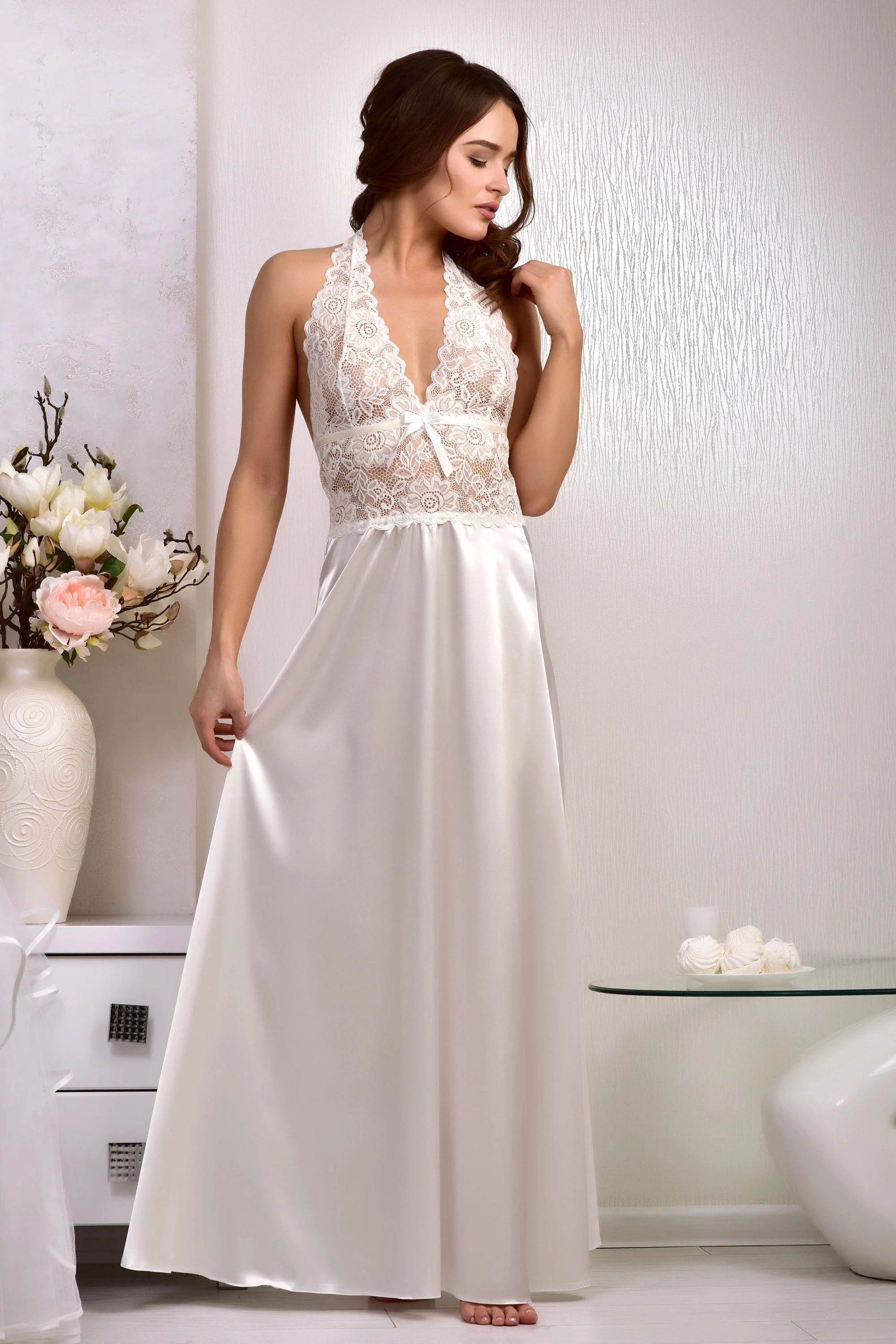 Bridal nightgown gift, ivory satin slip, lace lingerie